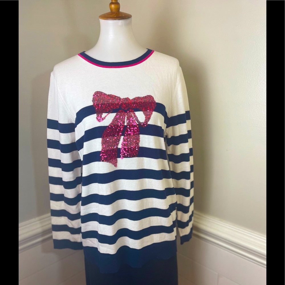 Kim Rogers Sequin Bow Embellished Striped Sweater L FREE SHIP